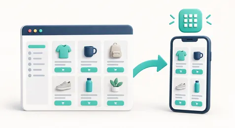 Веб-каталог в браузере и на смартфоне: переход к приложению с иконкой на экране.