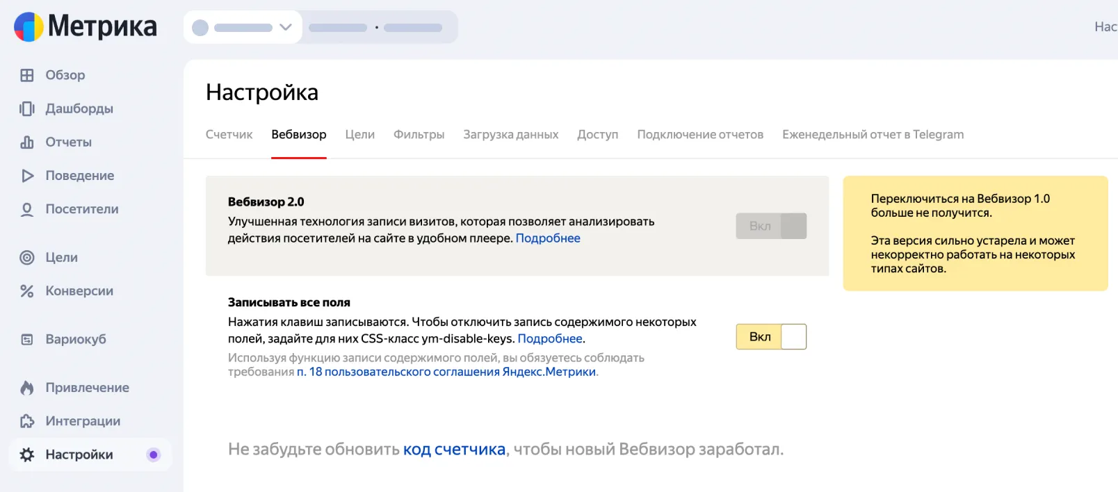 Переключатель Вебвизора в настройках счётчика Яндекс Метрики.