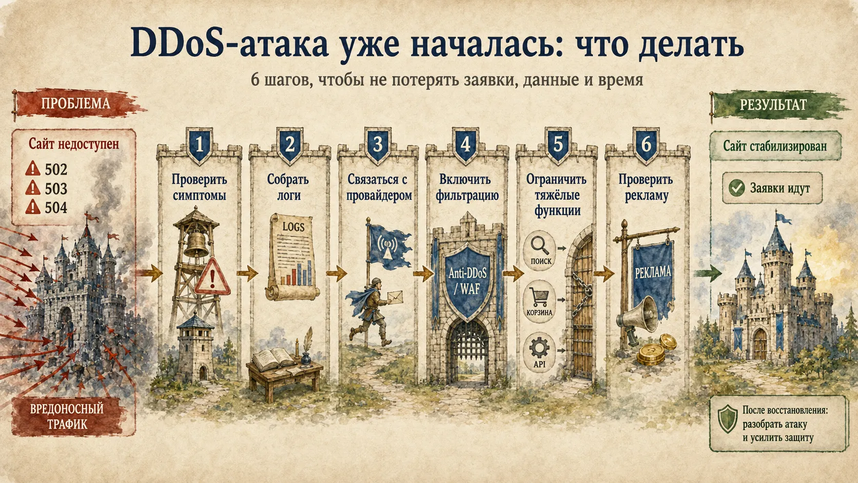 План действий при DDoS-атаке: диагностика, логи, хостинг, ограничения и проверка рекламы